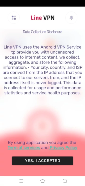 Line VPN Data Disclosure and Agreement Screen